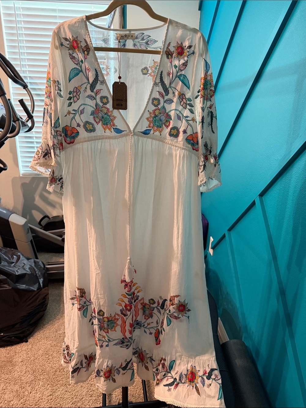 Natural Life White Maxi Dress with Multicolor Floral Embroidery